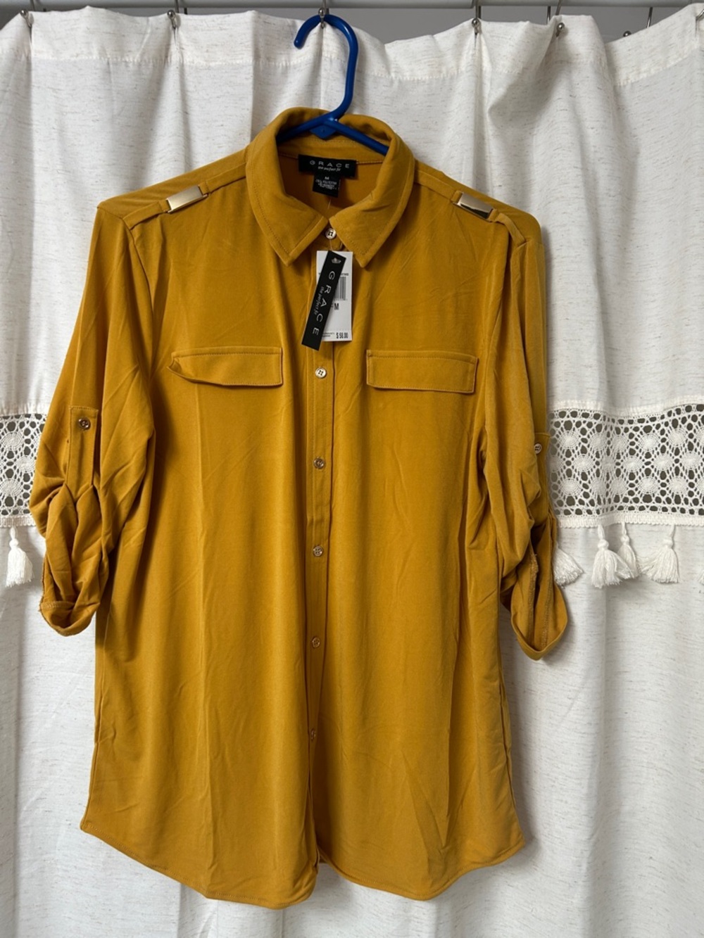 Grace Mustard Yellow Utility Button-Front Blouse
